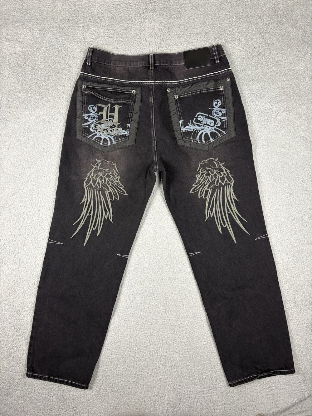 Y2K Grunge Jeans Menโs 36 Black Skater Wings Embroidered Streetwear Raver